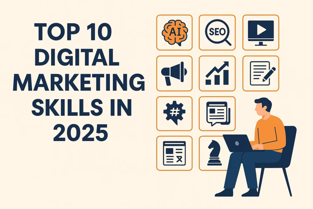This images shows top 10 digital markerting skills in 2025 with icons. It is uploaded by ravenclarke website.